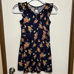 Girls Pink & Violet Floral Dress L 10/12 Navy Blue Wrap Style Ruffle Sleeve